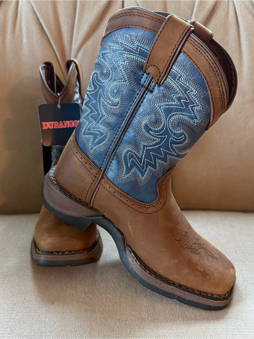 Durango Brown Leather Cowboy Boots with Blue Embroidered Shaft